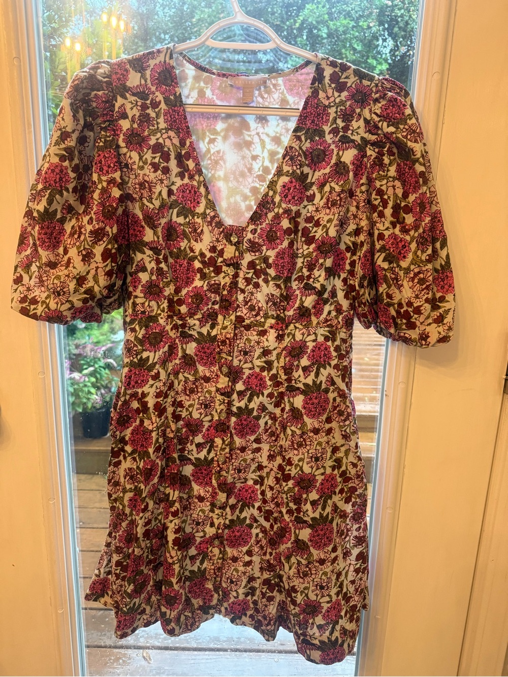 Floral V-Neck Puff Sleeve Dress in Burgundy and Green